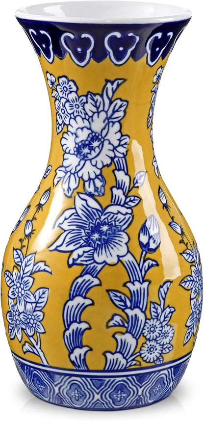 Blue and Yellow Ceramic Vase, 11" Tall Chinoiserie Vase in Wide Mouth, Royal-Inspired Vintage Flower Vases Decorative Vases for Home Decor, Table Centerpiece, Living Room, Dining Room, Entryways Decor