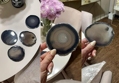 AMOYSTONE Large Black Agate Coasters Set of 4, 4-5 Inch Premium Stone Coasters, Executive Gift for Boss, Corporate Gift for Client
