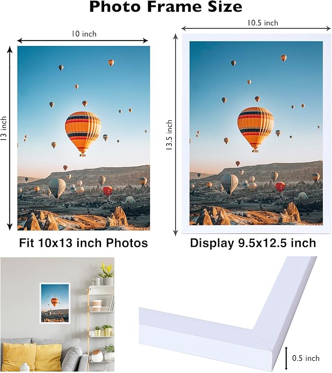 10x13 White Picture Frame Set of 2, Horizontal and Vertical Formats for Wall Hanging, 10 x 13 Wall Gallery Poster Photo Frames with Shatter Resistant Plexiglass, 2 Pack, White