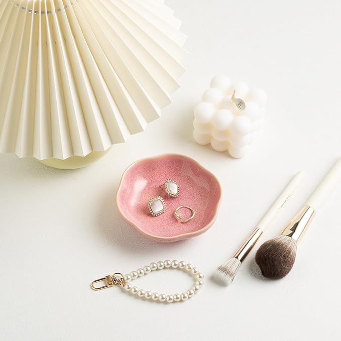 Ceramic Ring Dish Flower Jewelry Holder Dish Cute Jewelry Dish Tray Trinket Dish Small Decorative Tray Key Bowl Room Decor Aesthetic for Mom Best Friend Sister (pink)