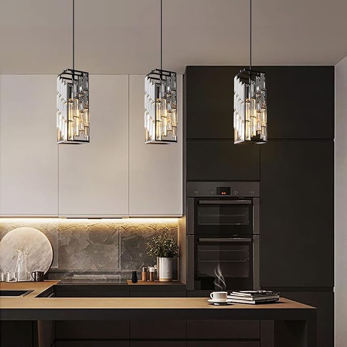 Black Pendant Lighting Modern Pendant Light, Mini Crystal Chandeliers,Adjustable Pendant Light Fixture for Kitchen Island Dinning Room Bedroom (2 Pack)
