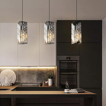 Black Pendant Lighting Modern Pendant Light, Mini Crystal Chandeliers,Adjustable Pendant Light Fixture for Kitchen Island Dinning Room Bedroom (1 Pack)