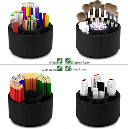 Bamboo Rotating Pencil Holder for Desk - Pen Holder Desk Organizer with 7 Compartments, Black Office Supplies Desktop Storage Caddy for Colored Pencils, Markers, Crayon, Comestics and Cutlery