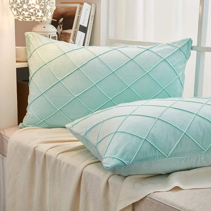 JAUXIO Diamond Pinch Pleated Crystal Velvet Pillowcases 2 Pack Solid Pintuck Throw Cushion Cover for Home Decor Hidden Zipper Closure (Mint Aqua, Standard)