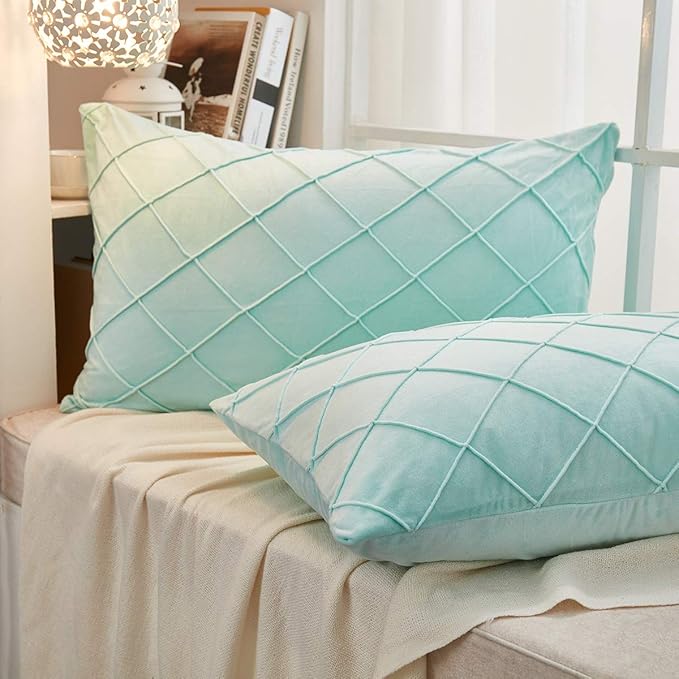 JAUXIO Diamond Pinch Pleated Crystal Velvet Pillowcases 2 Pack Solid Pintuck Throw Cushion Cover for Home Decor Hidden Zipper Closure (Mint Aqua, King)