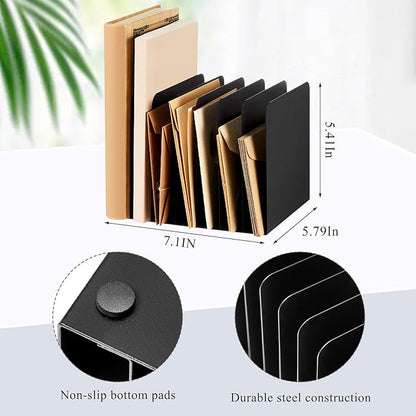 Suzile Metal Desktop File Organizer, 7 Compartments, Vertical File Sorter, Black, 5.79" W x 7.09" L x 5.41" H, Office, Reception Areas, Workspace