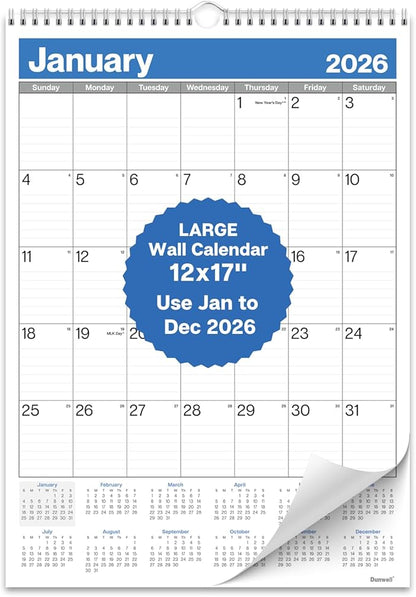 Dunwell 2026 Large Wall Calendar 12x17, Blue, Big Grid 12 x 17 Hanging Monthly Calendar with Large Daily Blocks, Premium Paper, Jan–Dec 2026