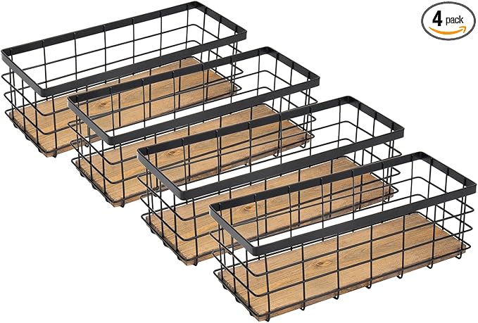 TIEYIPIN Farmhouse Small Metal Wire Storage Basket Bin, Rustic Home Storage Organizer with Wooden Bottom for Kitchen, Cabinets, Bathroom Counter, Pantry, Garage, Laundry Room - Black (4 Pack)