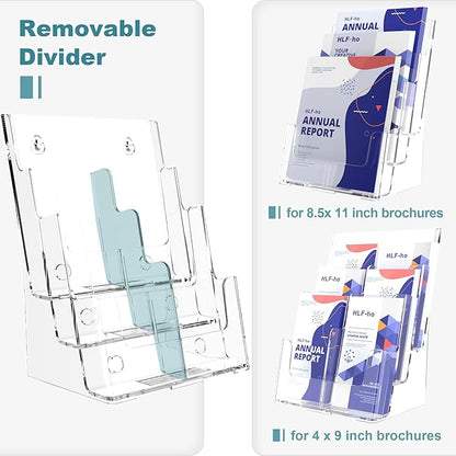 Brochure Holder 8.5x11 Inch 3 Tier with Removable Divider for 4x9 inch Clear Acrylic Pamphlet Display Stand Holder Countertop Use or Wall Mount for Office, Lobby, Hotel, Trade Show, 1 Pack