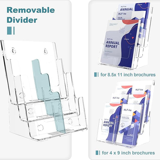 Brochure Holder 8.5x11 Inch 3 Tier with Removable Divider for 4x9 inch Clear Acrylic Pamphlet Display Stand Holder Countertop Use or Wall Mount for Office, Lobby, Hotel, Trade Show, 1 Pack