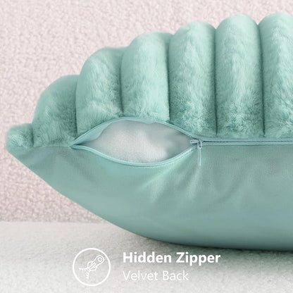 decorUhome Faux Fur Spring Throw Pillow Covers 24x24 Set of 2, Decorative Soft Plush Striped Neutral Couch Euro Sham Pillow Covers with Velvet Back for Sofa, Bed, Living Room Home, Aqua
