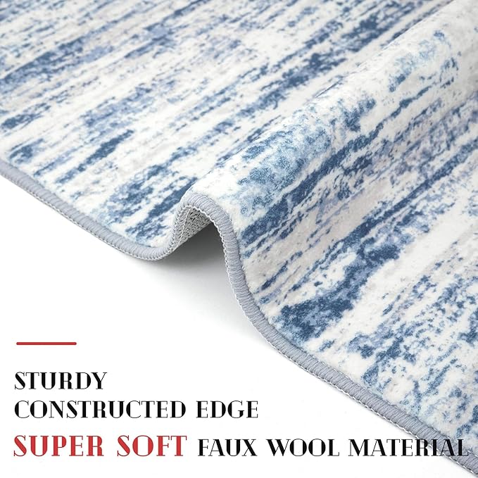 Modern Abstract Runner Rug 2x6, Blue White Washable Kitchen Runner Non-Slip Soft Hallway Rug Runner Thin Print Faux Wool Carpet for Entryway Bedroom Laundry Room Indoor Home Decor