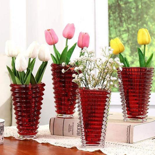 MCMCNCUIU Crystal Flower Vase Set of 4, Glass Vases for Centerpieces, Red Vases for Flowers, Small Vase for Living Room, Bedroom, Kitchen, Office, Wedding