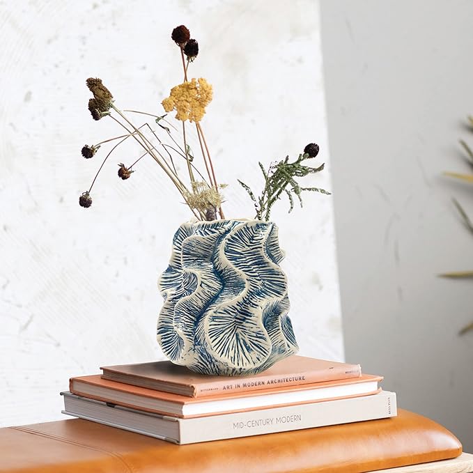 Bloomingville Textured Stoneware Organic Shaped Vase with Reactive Glaze, Blue