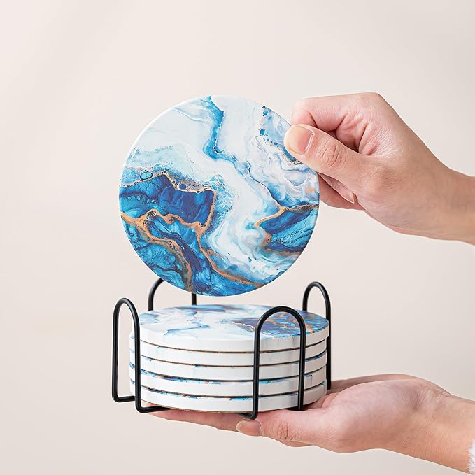 Ceramic Drink Coasters Set of 6 with Holder, Modern Marble Absorbent Ceramic Coasters, Round Ceramic Table Coasters for Home Decor Coffee Kitchen (4 Inches), Sky Blue