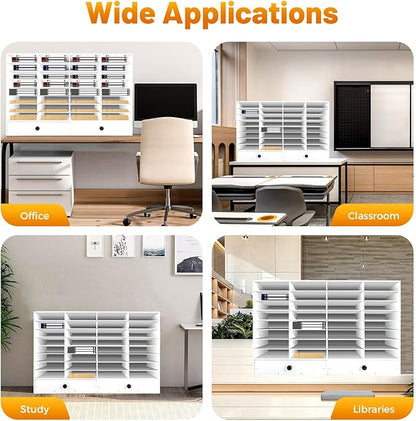 Literature Organizer with 32 Compartments | Adjustable Desktop File Sorter Mail Center for Home, Office & Classroom | PVC Paper Storage Cabinet with 2 Drawers and Shelves, White