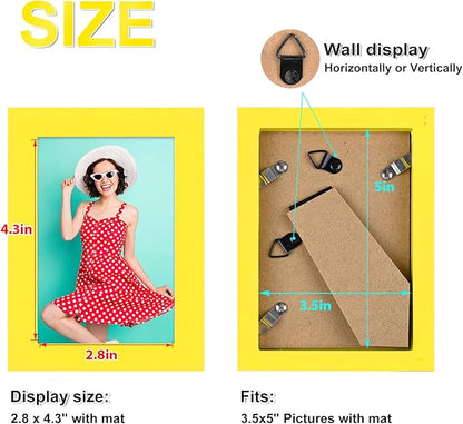KINLINK 3.5x5 Picture Frames Yellow, Solid Wood Frames with Plexiglass for Table Top and Wall Display, Photo Frames for Horizontal or Vertical Display, 4 Pack