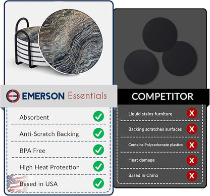 Emerson Coasters for Drinks Absorbent – Natural Stone Drink Coasters Set with Holder, Coasters for Coffee Table, Wooden Tabletop Protection Marble Style – 100% Heavy Duty Set of 6 (Aura)