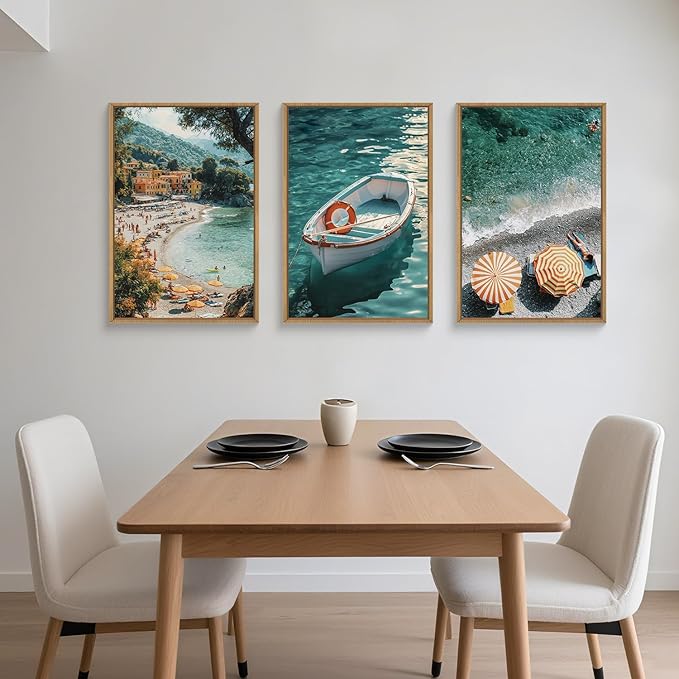 Natural Coastal Ocean Framed Canvas Wall Art Set,Mediterranean Amalfi Blue Green Beach Seascape Decor,Modern Summer Seaside Boat & Umbrella Artwork for Living Room,Bedroom,Farmhouse- 24"x36"x3