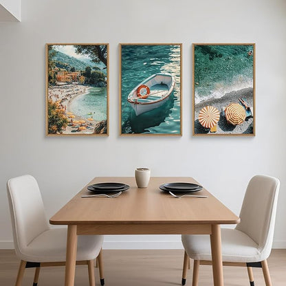 Natural Coastal Ocean Framed Canvas Wall Art Set,Mediterranean Amalfi Blue Green Beach Seascape Decor,Modern Summer Seaside Boat & Umbrella Artwork for Living Room,Bedroom,Farmhouse- 24"x36"x3