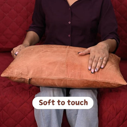 100% Lambskin Leather Pillow Cover - Sofa Cushion Case - Decorative Throw Covers for Living Room & Bedroom, 18x26 Inch - Mango Tan Crunch Plain Pack of 1