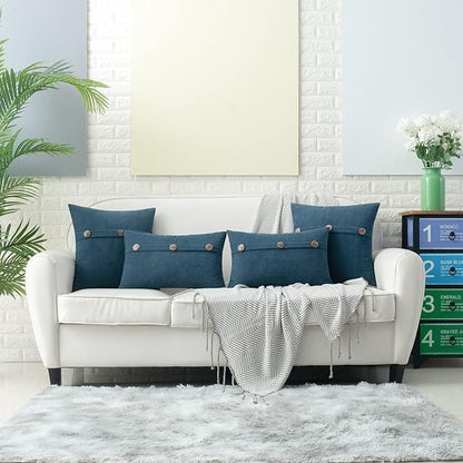HWY 50 Blue Chenille Throw Pillow Covers 16x16 Inch with Triple Buttons, Soft Farmhouse Accent Decorative Cushion Cases for Couch Sofa Bed Living Room Pack of 2