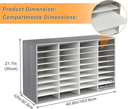 TQVAI Literature Organizer, Heavy Duty 36 Compartments Countertop Mail Organizer with Adjustable Shelves, Wooden Desk Paper Storage Organizer, Mailboxes Cubbies for Office, Classroom, Retro Grey/White