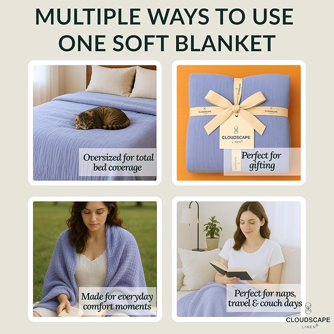 Luxury 100% Cotton Muslin Blanket Twin Size, 4 Layer 68x90 Fits Upto TwinXL Bed, Soft Cotton Gauze Quilt, Layering Winter Blankets for Bed, All Season Lavender Blue Bedding