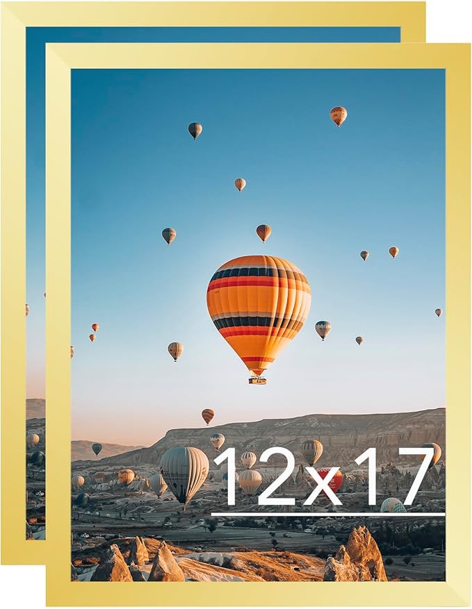 12x17 Gold Picture Frame Set of 2, Horizontal and Vertical Formats for Wall Hanging, 12 x 17 Wall Gallery Poster Photo Frames with Shatter Resistant Plexiglass, 2 Pack, Gold