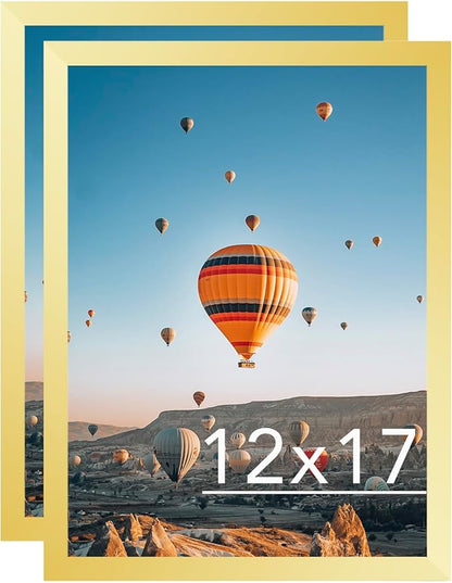 12x17 Gold Picture Frame Set of 2, Horizontal and Vertical Formats for Wall Hanging, 12 x 17 Wall Gallery Poster Photo Frames with Shatter Resistant Plexiglass, 2 Pack, Gold