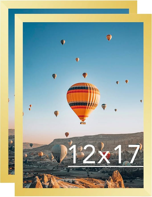 12x17 Gold Picture Frame Set of 2, Horizontal and Vertical Formats for Wall Hanging, 12 x 17 Wall Gallery Poster Photo Frames with Shatter Resistant Plexiglass, 2 Pack, Gold