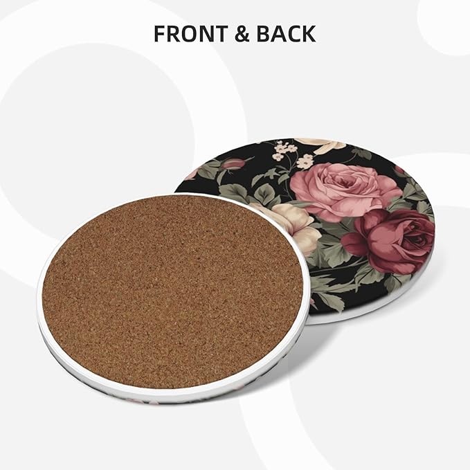 6 Pcs Ceramic Coasters with Holder Absorbent Drink Round Vintage Pink and Cream Dark Floral Design for Home Table Coffee Cup Wine Beer Bar,Size 4 inches