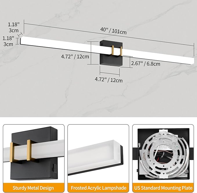 Modern Black and Brass Vanity Light Bar 40 Inch, 30W 5CCT Dimmable Bathroom Light Fixtures LED Wall Lighting Fixture