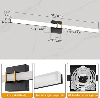 Modern Black and Brass Vanity Light Bar 40 Inch, 30W 5CCT Dimmable Bathroom Light Fixtures LED Wall Lighting Fixture