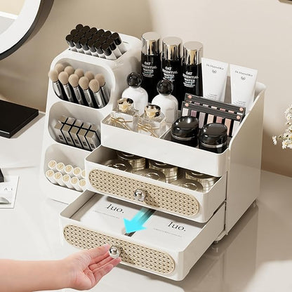 Makeup Organizer with Drawers,Large Capacity Countertop Organizer for Vanity,Bathroom and Bedroom Desk Cosmetics Organizer,Easy To Storage Skincare,Brushes,Lotions,Lipstick (All white)