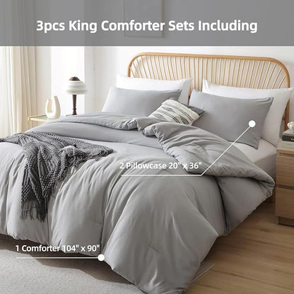 ROSGONIA King Size Comforter Set Grey, 3pcs King Comforter Set (1 Gray Comforter & 2 Pillowcases) All Season Soft Lightweight Bedspread Blanket Quilt