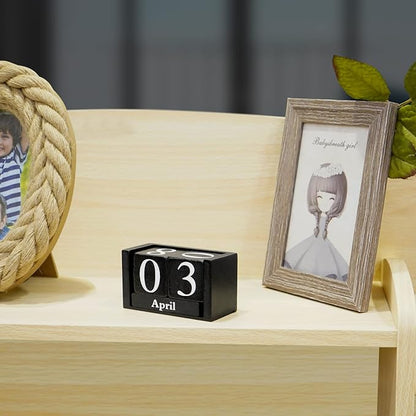 Perpetual Desk Calendar Wooden Block Calendar for Desk Reusable Date Display Blocks for Office Home Decor Teacher Classroom Accessory (Black)