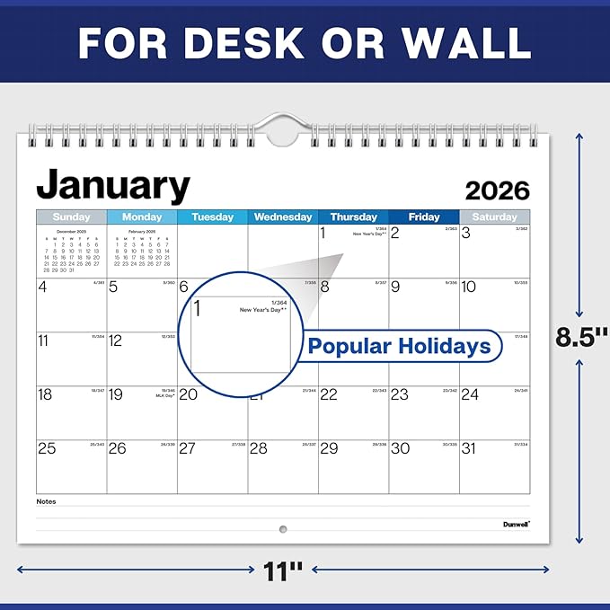Dunwell 8.5x11" Wall Calendar 2026, Use January to December 2026, Use Hanging on Wall or Use as 8.5 x 11 Office Desk Calendar