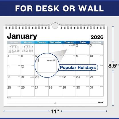 Dunwell 8.5x11" Wall Calendar 2026, Use January to December 2026, Use Hanging on Wall or Use as 8.5 x 11 Office Desk Calendar