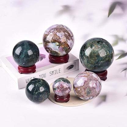 JIC Gem Natural Ocean Jasper Crystal Sphere Crystal Decorative Ball with Wooden Stand Meditation Balls for Witchcraft Reiki Healing Gift 60-70mm