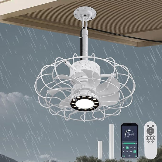 15" Outdoor Ceiling Fan with Light, with Remote and App Remote, IP65 Waterproof Gazebo Hanging Fan, 3CCT Dimmable, Portable Plug in Ceiling Fan with Cord Hook for Patio Porch Pergola Indoor(White)