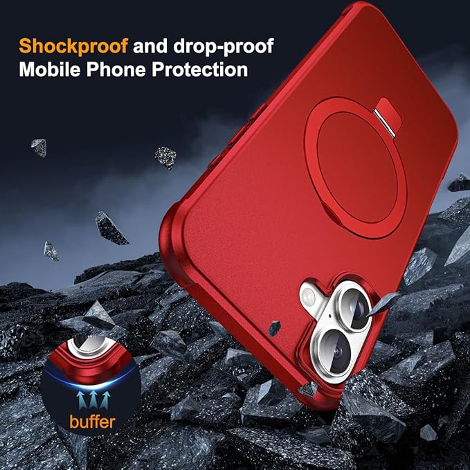 Compatible with iPhone 16 Case with Invisible Magnetic O-Ring Stand Military-Grade Case for iPhone 16 6.1" [Compatible with Mag-Safe][Great Grip Feeling], Red