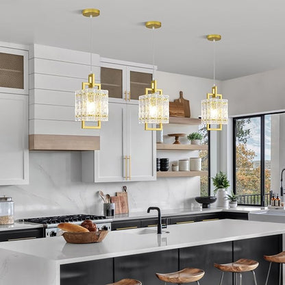Gold Pendant Light Fixture - Modern Kitchen Island Water Ripple Glass Square Light - Adjustable Hanging Lighting for Kitchen Dining Room Over Island - 2 Pack
