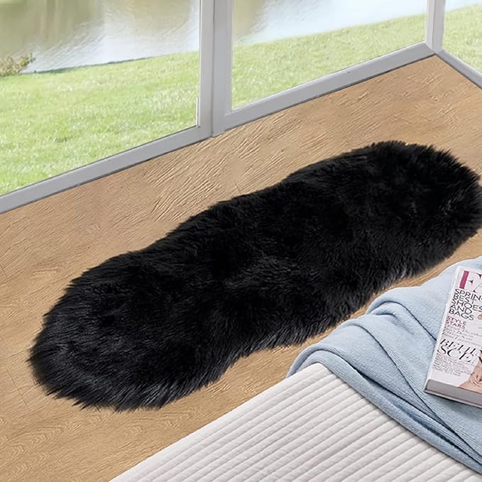 Black Fluffy Faux Sheepskin Washable Fur Area Rugs for Bedroom Living Room Small Shag 2x4 Furry Nursery Rug
