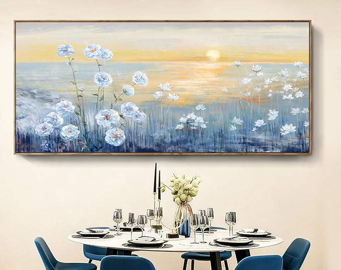 Nicetop Oversized Ocean Sunset Framed Wall Art for Living Room Extra Large Coastal Beach White Flowers Canvas Print Blue Sea Natural Scenery Picture Calm Warm Seaside Artwork for Home Office 86x39inch