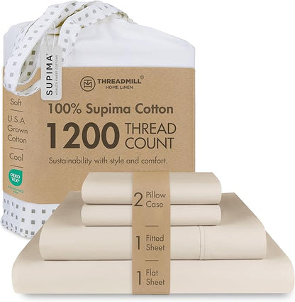 Threadmill Luxury Supima Cotton Sheets, 1200 Thread Count Soft 100% Cotton Sheets for King Size Bed, 4 Pc Beige King Bed Sheets Set, 5-Star Hotel Quality with Elasticized Deep Pocket King Sheets
