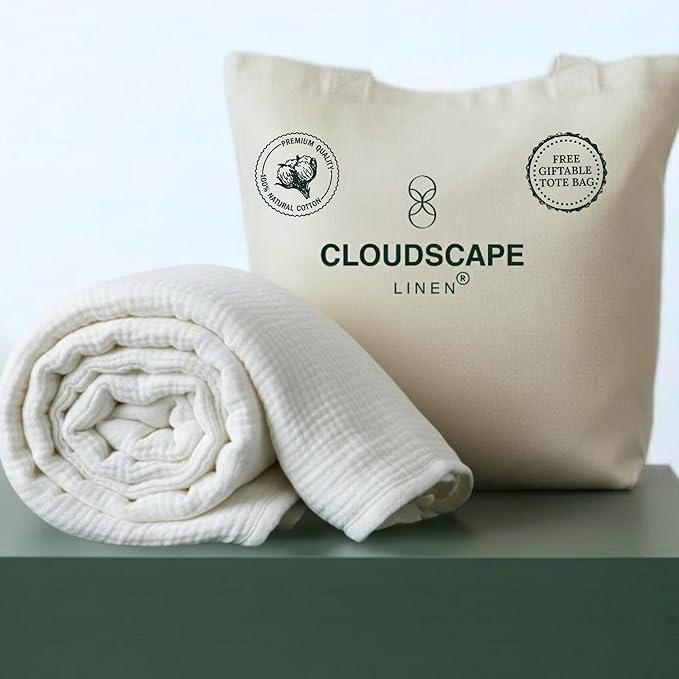 Luxury 100% Cotton Muslin Throw Blanket, 4 Layer Extra Large 50x70in, Perfect for Couch, Sofa, Home Decor, Soft Cotton Gauze Travel Blanket, Winter Cozy Throw, All Season White