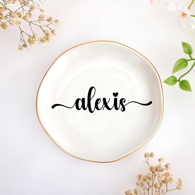JoycuFF Alexis Personalized Name Ceramic Jewelry Tray, Mothers Day Christmas Anniversary Engagement Birthday Gifts for Women Couples, Trinket Dish for Rings Earrings Necklaces Bracelets Keys
