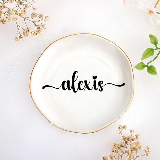 JoycuFF Alexis Personalized Name Ceramic Jewelry Tray, Mothers Day Christmas Anniversary Engagement Birthday Gifts for Women Couples, Trinket Dish for Rings Earrings Necklaces Bracelets Keys