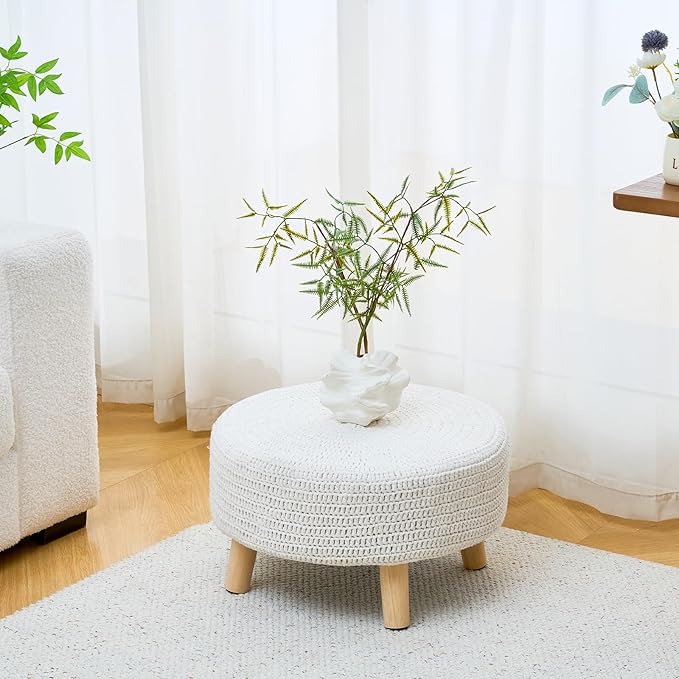 Wimarsbon Pouf Ottoman, 100% Cotton Knitted Boho Footstool, Round Footrest with Non-Skid Wood Legs, Home Décor Handmade Pouffe, Leisure Floor Step Stool for Living Room (20" White)